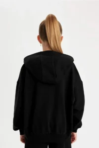 DeFacto Black Oversize Wide Fit Hooded Printed Sweatshirt Girl - Image 6