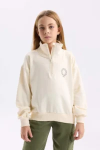 DeFacto Relax Fit High Collar Half Zipper Printed Sweatshirt Girl