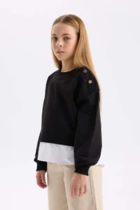 DeFacto Relax Fit Crew Neck Sweatshirt with Hem Detail Girl Child