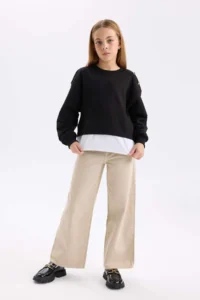 DeFacto Relax Fit Crew Neck Sweatshirt with Hem Detail Girl Child - Image 2