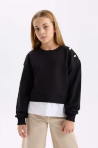DeFacto Relax Fit Crew Neck Sweatshirt with Hem Detail Girl Child - Image 3
