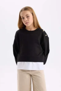 DeFacto Relax Fit Crew Neck Sweatshirt with Hem Detail Girl Child - Image 4