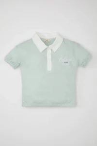DeFacto Shirt Collar Printed Short Sleeve T-Shirt for Baby Girl