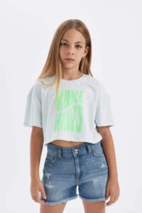 DeFacto Crop Crew Neck Printed Short Sleeve T-Shirt Girl