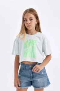 DeFacto Crop Crew Neck Printed Short Sleeve T-Shirt Girl - Image 3