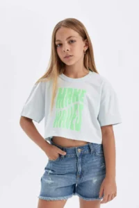 DeFacto Crop Crew Neck Printed Short Sleeve T-Shirt Girl - Image 4