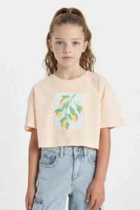 DeFacto Crop Crew Neck Printed Short Sleeve T-Shirt Girl