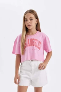 DeFacto Crop Crew Neck Printed Short Sleeve T-Shirt Girl - Image 3