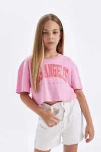 DeFacto Crop Crew Neck Printed Short Sleeve T-Shirt Girl - Image 4
