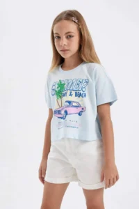 DeFacto Crew Neck Printed Short Sleeve T-Shirt Girls
