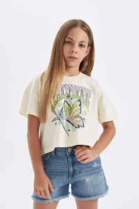DeFacto Crew Neck Printed Short Sleeve T-Shirt Girls