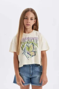 DeFacto Crew Neck Printed Short Sleeve T-Shirt Girls - Image 3