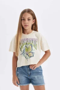 DeFacto Crew Neck Printed Short Sleeve T-Shirt Girls - Image 4