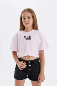 DeFacto Crop Crew Neck Printed Short Sleeve T-Shirt Girl
