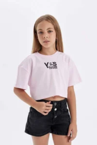 DeFacto Crop Crew Neck Printed Short Sleeve T-Shirt Girl - Image 3