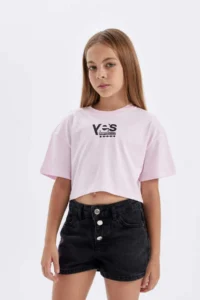 DeFacto Crop Crew Neck Printed Short Sleeve T-Shirt Girl - Image 4