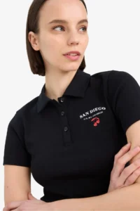 DeFacto Cool Fitted Polo Neck Printed Ribbed Short Sleeve Black T-Shirt - Image 5