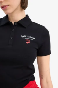 DeFacto Cool Fitted Polo Neck Printed Ribbed Short Sleeve Black T-Shirt - Image 6