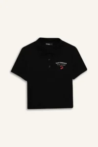 DeFacto Cool Fitted Polo Neck Printed Ribbed Short Sleeve Black T-Shirt - Image 8