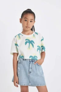 DeFacto Crop Crew Neck Patterned Short Sleeve T-Shirt Girl