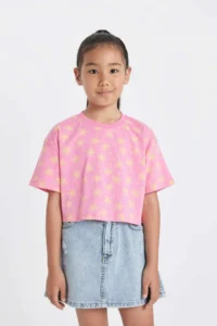 DeFacto Crop Crew Neck Patterned Short Sleeve T-Shirt Girl - Image 3