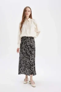 DeFacto Pleated Patterned Satin Maxi Hijab Skirt