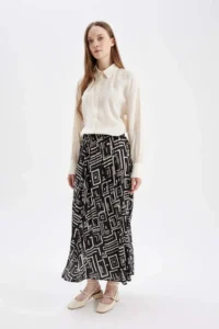 DeFacto Pleated Patterned Satin Maxi Hijab Skirt - Image 2