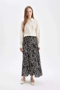 DeFacto Pleated Patterned Satin Maxi Hijab Skirt - Image 3