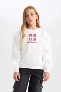 DeFacto Girl's Relax Fit Crew Neck Printed Sweatshirt