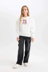 DeFacto Girl's Relax Fit Crew Neck Printed Sweatshirt - Image 2
