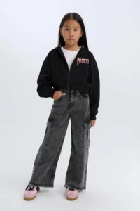 DeFacto Printed Hooded Soft Furry Zippered Sweatshirt Girl - Image 2