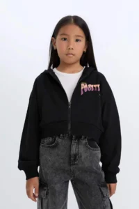 DeFacto Printed Hooded Soft Furry Zippered Sweatshirt Girl - Image 3