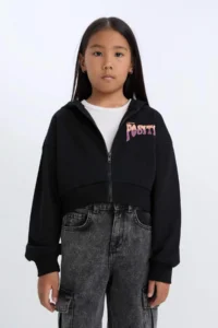 DeFacto Printed Hooded Soft Furry Zippered Sweatshirt Girl - Image 4