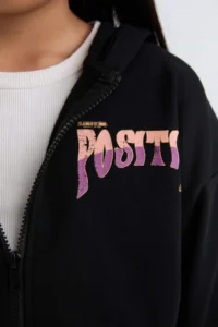 DeFacto Printed Hooded Soft Furry Zippered Sweatshirt Girl - Image 5
