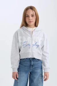 DeFacto Printed Hooded Soft Furry Zippered Sweatshirt Girl