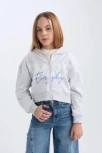 DeFacto Printed Hooded Soft Furry Zippered Sweatshirt Girl - Image 3