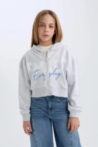 DeFacto Printed Hooded Soft Furry Zippered Sweatshirt Girl - Image 4