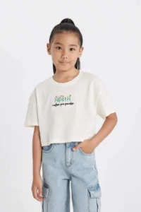 DeFacto Crop Crew Neck Floral Short Sleeve T-Shirt Girl