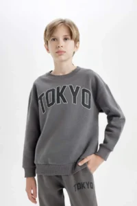 DeFacto Boy's Anthracite Oversize Wide Fit Crew Neck Printed School Sweatshirt
