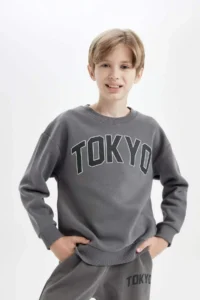 DeFacto Boy's Anthracite Oversize Wide Fit Crew Neck Printed School Sweatshirt - Image 3
