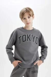 DeFacto Boy's Anthracite Oversize Wide Fit Crew Neck Printed School Sweatshirt - Image 4