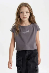 DeFacto Printed Crop Short Sleeve T-Shirt Girls - Image 3