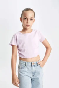 DeFacto Crop Crew Neck Basic Plain Short Sleeve T-Shirt Girl