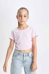 DeFacto Crop Crew Neck Basic Plain Short Sleeve T-Shirt Girl - Image 3