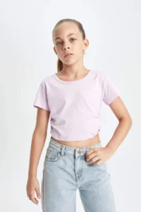 DeFacto Crop Crew Neck Basic Plain Short Sleeve T-Shirt Girl - Image 4