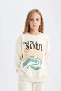 DeFacto Girl's Oversize Wide Fit Crew Neck Printed Sweatshirt - Image 3