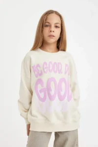 DeFacto Girl's Oversize Wide Fit Crew Neck Printed Sweatshirt
