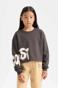 DeFacto Slogan Printed Thick Fabric Anthracite Girls' Sweatshirt D2882A8/AR227