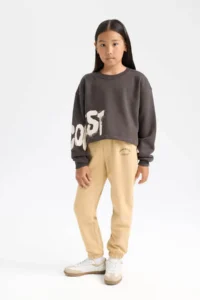 DeFacto Slogan Printed Thick Fabric Anthracite Girls' Sweatshirt D2882A8/AR227 - Image 2