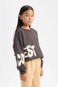 DeFacto Slogan Printed Thick Fabric Anthracite Girls' Sweatshirt D2882A8/AR227 - Image 3
